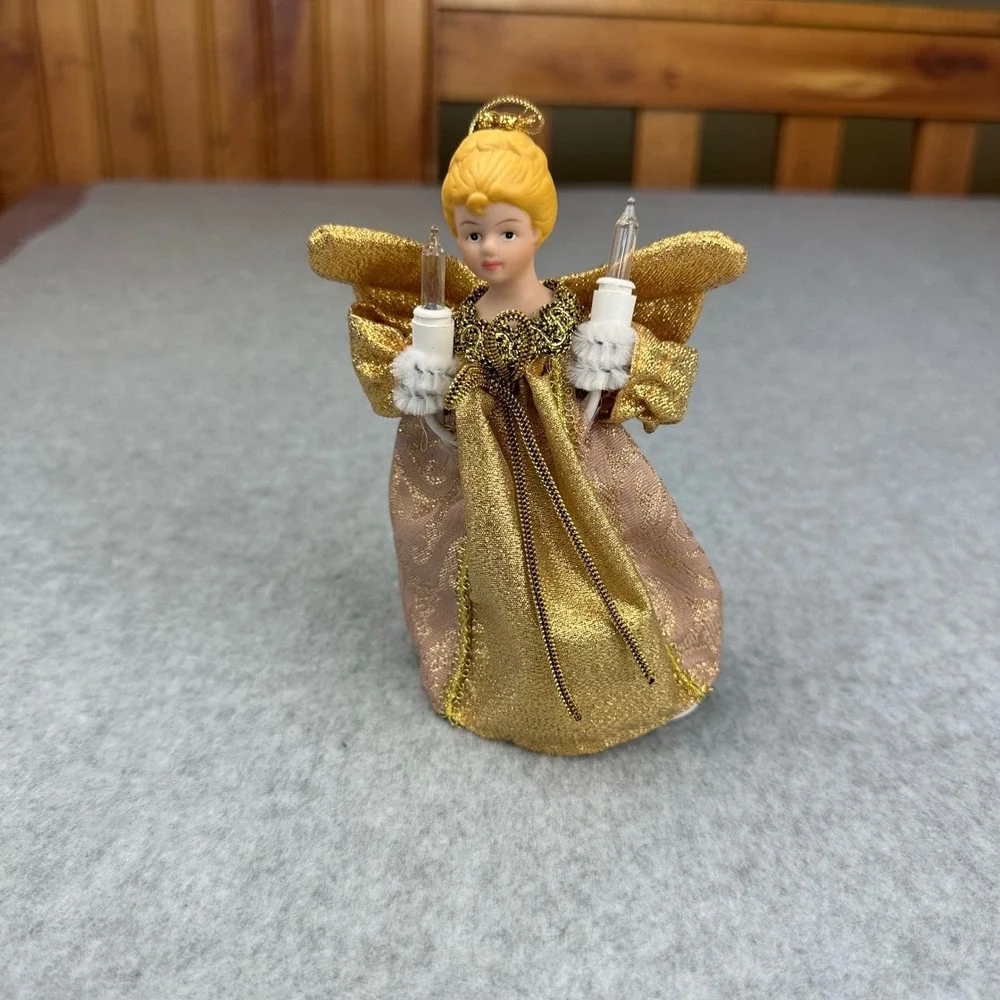 Vintage Lighted Porcelain Angel Christmas Tree Topper Gold Rose Brocade 10‎ Inch